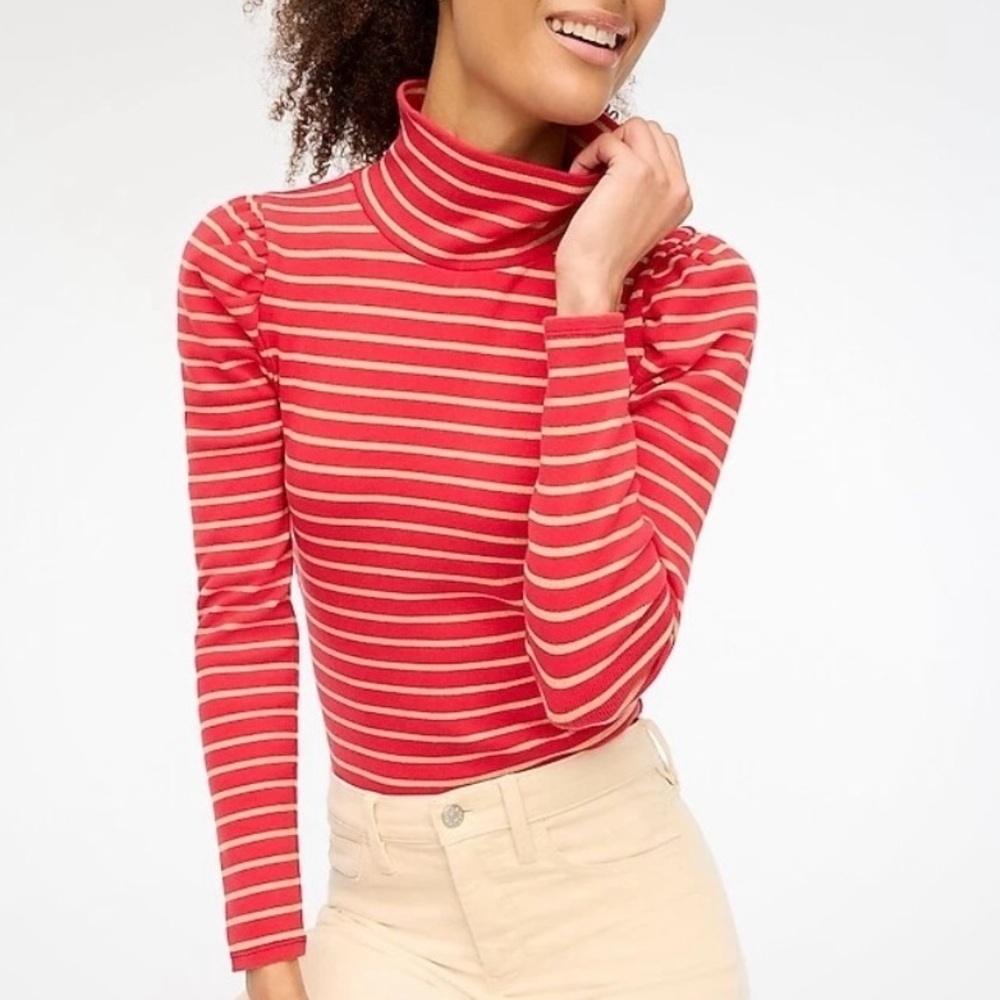 NWT J. Crew Red Puff Sleeve Turtleneck With Metallic Gold Stripes, Size XL